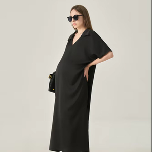 Robe midi en satin pour femme, col polo, manches classiques, boutonnée devant, coupe ample, style estival minimaliste et respirant - Product Image 1