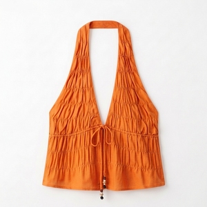Débardeur Halter Bohème Noir pour Femme, Camisole Plissée et Froncée, Tissé Uni, Respirant, Décontracté et Sexy - Product Image 4