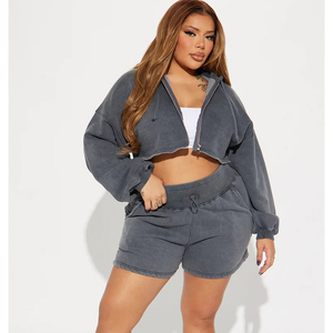 Custom Plus Size Women's Acid Wash Crop Zip Hoodie Sweat Shorts <b>Set</b> 360GSM Heavyweight Polyester/Cotton Regular Summer Casual - Product Image 2