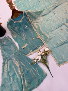 Conjunto de Kurta Sharara Plazzo de Seda Fendy Bordado en Verde Mar para Mujer, con Dupatta, Completamente Cosido, Traje Étnico para Fiestas y Bodas - Product Image 6