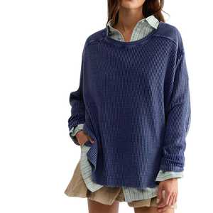 Camiseta de Manga Larga con Cuello Redondo y Logotipo Personalizado, Estilo Casual, Tejido Waffle Grueso de 210 g/m², 100% Algodón, Corte Holgado, Color Negro, para Mujer - Product Image 1