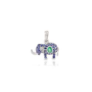 14K <b>Solid</b> White <b>Gold</b> Art Deco Elephant <b>Pendant</b> with Emerald and Blue Sapphire - Product Image 3