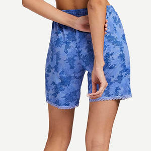 Women's Blue Floral Print Cotton Shorts With Lace Trim <b>Drawstring</b> Waist Casual Loose Fit Breathable Knitted Pants - Product Image 2