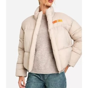 Women's Short Quilted Puffer Jacket With Logo Front <b>Stand</b> Collar Zipper Closure Winter Warm Thick Polyester Wadding Coat - Product Image 6