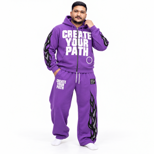 Conjunto Deportivo Informal para Hombre, Color Morado, con Cremallera, Mangas con Diseño Gráfico, Pantalones Anchos de Felpa, Etiqueta Personalizada - Product Image 1