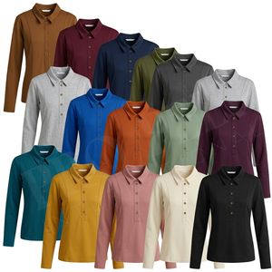 Polo à manches longues en coton et polyester, coupe ajustée, décontracté, respirant, extensible, col polo, vêtements de sport pour femmes - Product Image 1