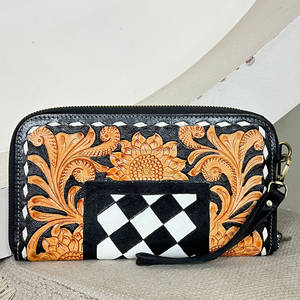 New Western Style Tooled Checkered Genuine Leather <b>Women</b> <b>Clutches</b> Floral Pattern Card & Cash Holder All Season Zipper Wallet - Product Image 3