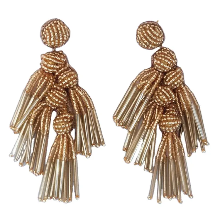 India Origin Supplier Selling Top Designer Round Gold Tube Tassel Drop Earrings Hand Embroidered Handmade Miyuki Beads Earrings