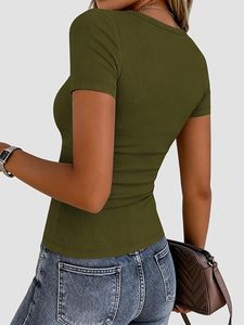 T-shirt en tricot pour femme, vert olive, col rond, manches courtes, coupe ajustée, couleur unie, respirant, décontracté, printemps-été - Product Image 5