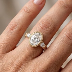 Bague Art Déco 3.02 carats en diamant taille ovale, trois pierres, or jaune 14 carats, cultivé en laboratoire, pour mariage, cadeau surprise pour partenaire - Product Image 3