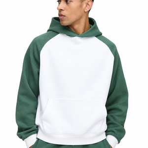 Green <b>White</b> Color Block Hooded <b>Sweatshirt</b> Raglan Sleeve Oversized Casual French Terry Pocket Design Spring Wear - Product Image 4
