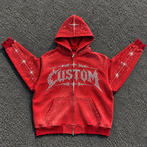 Vintage Washed Rhinestone French Terry Winter <b>Oversized</b> Distressed Raw Hem Streetwear Y2K <b>Hoodie</b> - Product Image 4