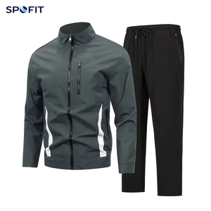 Men's Solid Eco-Friendly Two Piece Tracksuit Set Stand Collar <b>Zip</b>-<b>Up</b> <b>Jacket</b> Drawstring Pants Lightweight Casual Sportswear - Product Image 1