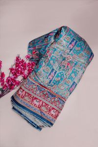 Tissu jacquard en viscose pure bleu aqua à imprimé ethnique et paysager avec bordure éléphant pour la confection de robes Kurti de créateur - Product Image 6