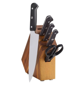 Ensemble de couteaux de cuisine à manche noir avec lames argentées, bloc de rangement en bois brun et ciseaux pour trancher, hacher et préparer les aliments - Product Image 3