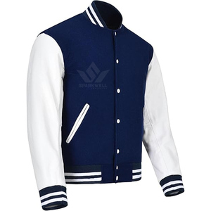 Custom Men's Navy White Varsity <b>Jacket</b> Embroidered Patch Preppy Style V-neck Breathable Quick Dry <b>Fleece</b> <b>Lining</b> Winter Outerwear - Product Image 2