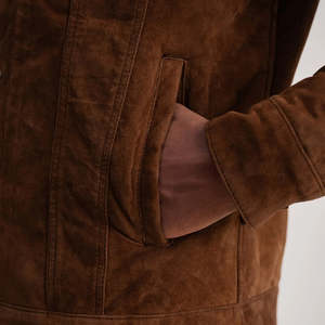 Men's Winter Brown <b>Suede</b> Shearling Trucker <b>Jacket</b> Zipper Closure Windproof Breathable Quick Dry Eco-Friendly Anti-Bacterial 100% - Product Image 3