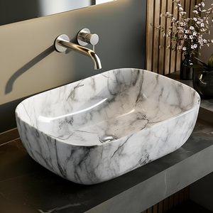 อ่างล้างหน้าหินอ่อนสีขาวพรีเมียมหรูหราพร้อมลายเส้นสีเทา-เป็นมิตรกับสิ่งแวดล้อม ทนทาน เหมาะสำหรับห้องน้ำ - Product Image 1