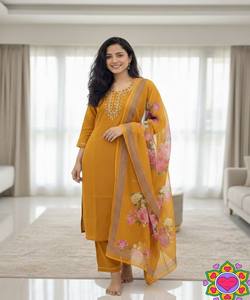 Conjunto de Moda en Algodón Slub con Bordado, Top, Pantalón y Dupatta, Disponible, Secado Rápido, Lavable a Máquina, Multicolor, Ropa de Oficina - Product Image 3