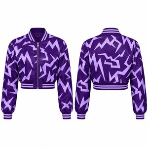 Veste bomber à imprimé géométrique violet, manches longues, col montant, fermeture éclair, vêtements d'automne pour femmes - Product Image 1