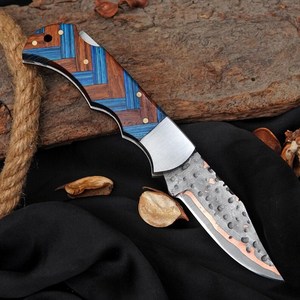 Couteau de poche en acier Damas cuivré, lame pliante, fait main, mosaïque premium, manche en bois de rose et bleu, pointe clip, EDC, camping en plein air - Product Image 4