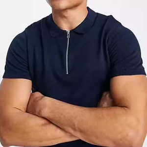 Men's <b>Navy</b> <b>Blue</b> Short Sleeve Knitted <b>Polo</b> <b>Shirt</b> Slim Fit Solid Color Casual Regular Length O-Neck Zipper Front - Product Image 3
