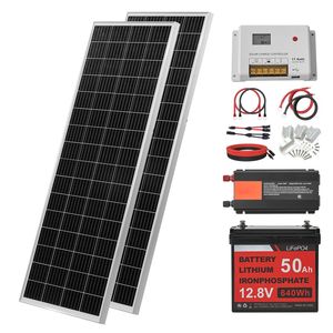 Kit Completo Sistema di Energia Solare V200W 12V con 2 Pannelli Solari Monocristallini da 100W, Batteria LiFePO4 12.8V 50Ah, Caricabatterie 40A - Product Image 1