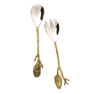 Stainless Steel Salad Server Handmade Long Embossed Broadly Ovate Leaf Design Handle Tableware Salad Server Set - Product Image 1