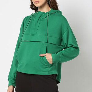Sudadera con Capucha Verde para Mujer, Holgada, de Hombros Caídos, Manga Larga, Color Sólido, Diseño Asimétrico, Tejida en Algodón, para Otoño - Product Image 1