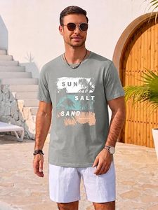 T-shirt graphique personnalisé pour homme, décontracté, à manches courtes, imprimé vintage tropical palmier, soleil, sel, sable, en coton, col rond - Product Image 1
