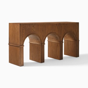 Modern <b>Rustic</b> Teak Wood Console Table with 5 Drawers Shaker <b>Door</b> Arched Design Living Room Cabinet Furniture - Product Image 3
