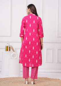 Women Pink Printed A-<b>Line</b> Cotton Kurti Set with <b>Pants</b>, V-Neck 3/4 Sleeve Ethnic Wear Casual Daily Wear Kurta Set for Women - Product Image 6