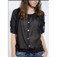 Haut élégant pour femmes avec col boutonné noir transparent sur le devant, coupe décontractée, ourlet à cordon et manches à onglet roulé, collection de blouses et de chemises