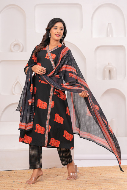 Women Black Ethnic Printed Cotton Salwar Suit Set with Elegant Designer Dupatta Traditional Indian Pakistani Style Kurta Pant