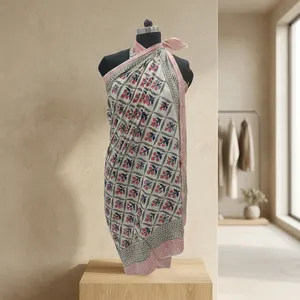 Hand Block Printed Cotton Fabric with <b>Red</b> Blue Floral Grid Motifs and Geometric Border for <b>Saree</b> Kurti Dressmaking - Product Image 5