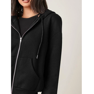 OEM Plain Black <b>Zip</b> <b>Up</b> Hoodie Women Drop Shoulder Front Pocket Hooded Jacket Wholesale - Product Image 4