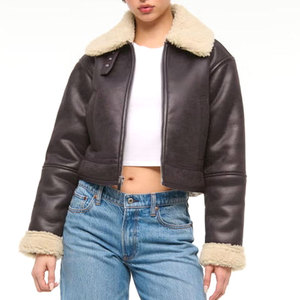 Women's Genuine Leather <b>Bomber</b> <b>Jacket</b> With Fur Trim Zipper Closure Short Length Winter Style - Product Image 4