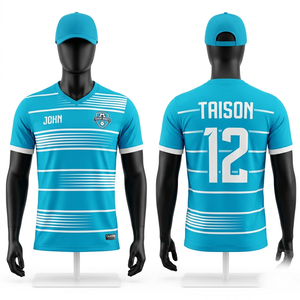 Maillot de football en polyester premium 180 GSM, bleu ciel avec panneaux rayés blancs, sublimation, logo personnalisé, tenue d'équipe - Product Image 1