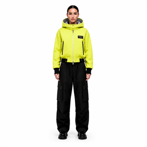 Chaqueta Bomber de Piel de Cordero Ligera, Corta, con Capucha, Color Verde Neón, Estilo Urbano y Táctico para Mujer, Otoño/Invierno, Personalizable OEM - Product Image 1