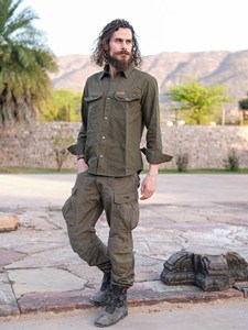 Premium Hand-Stitched <b>Men</b>’s Khaki Cotton Canvas <b>Utility</b> <b>Shirt</b> Artisanal Earthy Ochre Button-Down <b>Shirt</b> - Product Image 3