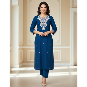 Achetez des ensembles traditionnels indiens ethniques pour femmes en coton naturel, 2 pièces, pour les occasions spéciales, taille M à 3XL - Product Image 1