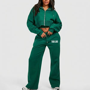 Ensemble jogging ample avec sweat à capuche zippé en molleton polyester/coton respirant, écologique, à carreaux, avec logo brodé personnalisé et strass - Product Image 4