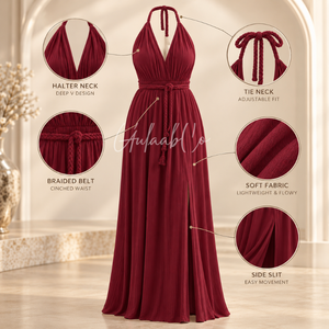 Robe longue bordeaux à col licou, décolleté plongeant, ceinture tressée à la taille, tissu fluide et doux, fente latérale, pour l'été, la plage, les soirées et les fêtes - Product Image 5