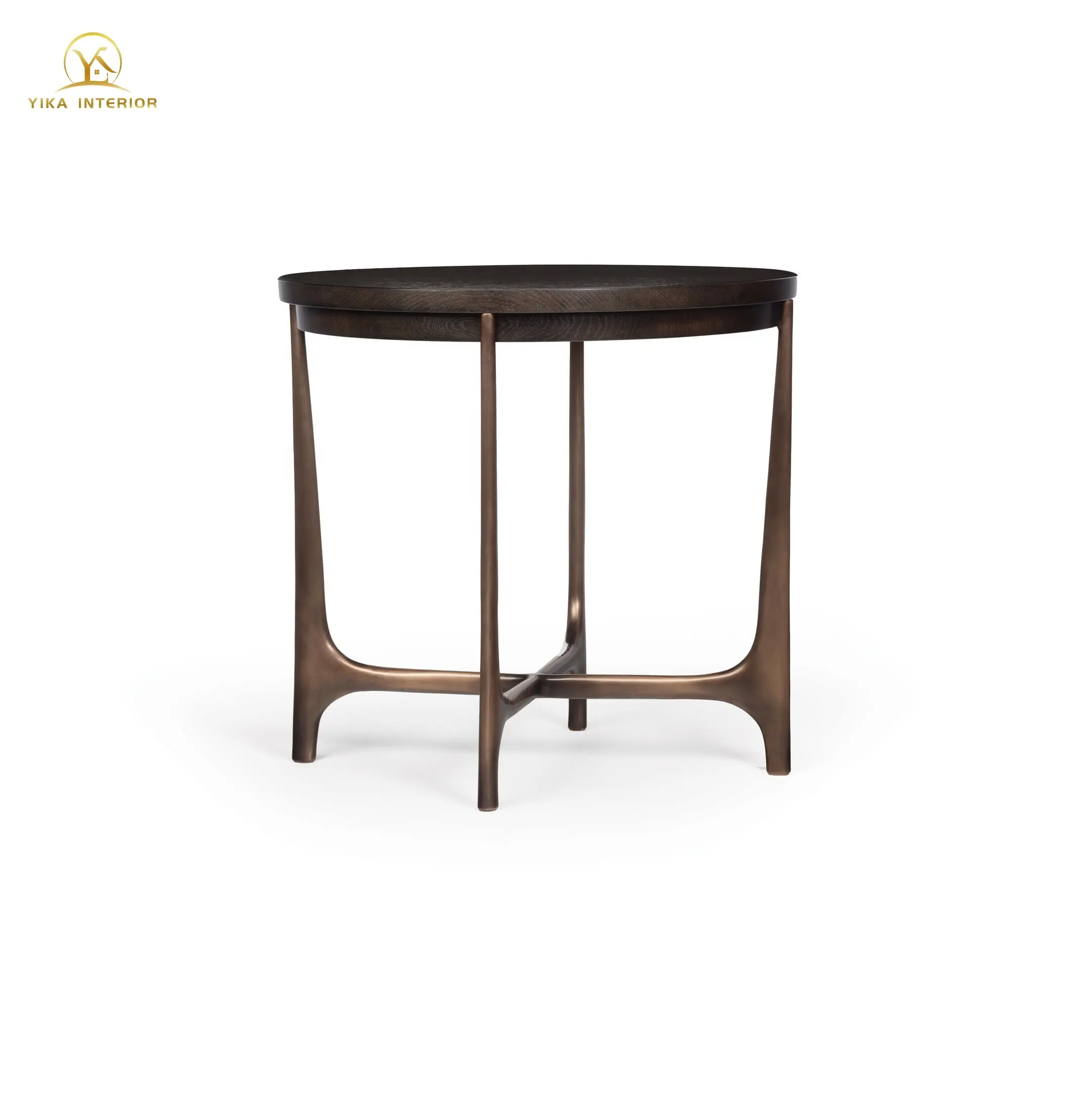 クラシックでモダンな真ちゅう製のラウンドサイドテーブルは、無垢材のトップコーヒーエンドテーブルリビングルームの臨時テーブルを備えたブロンズベースをキャストします