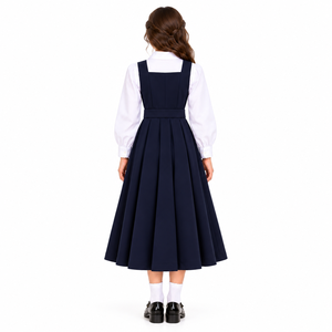 Girls' Children Plain Navy Pinafore School Uniform <b>White</b> Long Sleeve Blouse Belted <b>Pleated</b> <b>Skirt</b> Student Wear Button Front Dress - Product Image 6