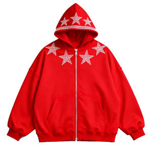 ES Clothes Custom Oversized Zip-up Cotton French Terry <b>Men</b> Sweatshirts <b>Black</b> Drop Shoulder Vintage Rhinestone Y2K Windproof - Product Image 4