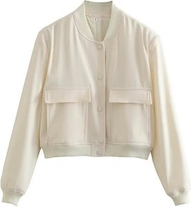 Women's Solid Color Varsity <b>Jacket</b> Full Sleeve Stand Collar <b>Patch</b> Pocket Short Length Autumn Wear - Product Image 1