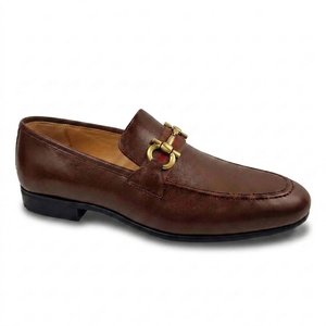 Mocasines de Cuero Genuino Marrón con Punta Redonda y Hebilla Dorada Decorativa, para Todas las Temporadas, con Suela de Goma Cómoda - Product Image 1