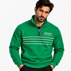 Sudadera deportiva de manga larga para hombre Index Apparel, verde, con cremallera de un cuarto, cuello alto y rayas, corte regular - Product Image 1