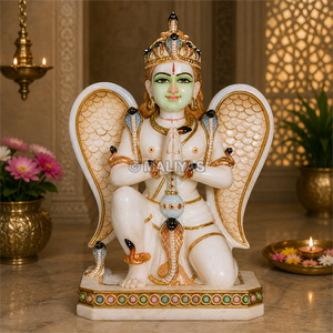 Marble Garuda Dev Statue | Seated Garuda Bhagwan with Serpent Details and Wings | Hand Painted Marble Idol – MALIYAS - Product Image 1